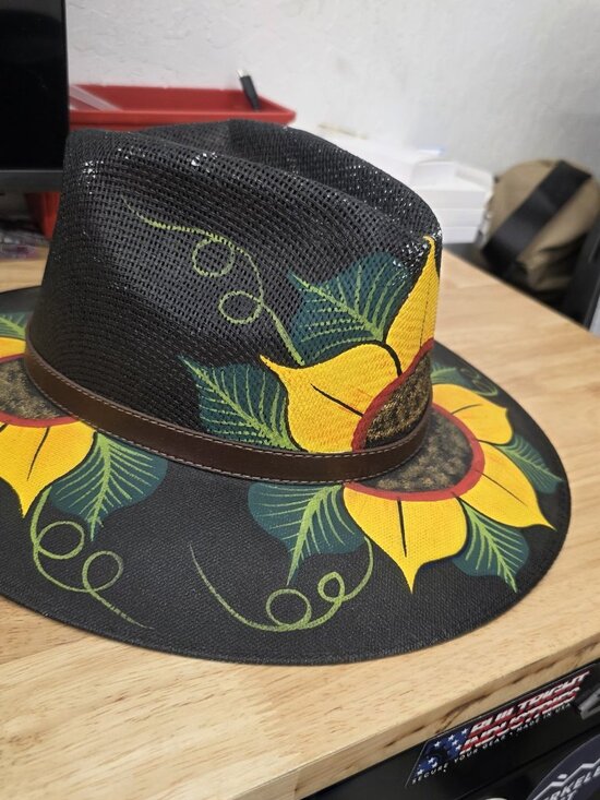 Sunflower Artisan Hat Hand Painted Fedora Floral Bohemian Black Straw SIZE M main image 10